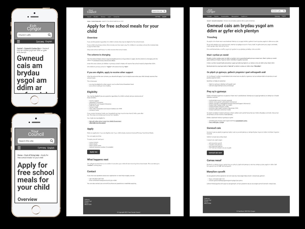 A screenshot showing prototype pages of the Free School Meals content