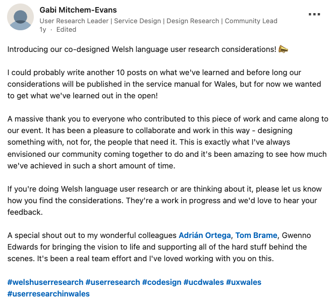 Gabi's linkedin post