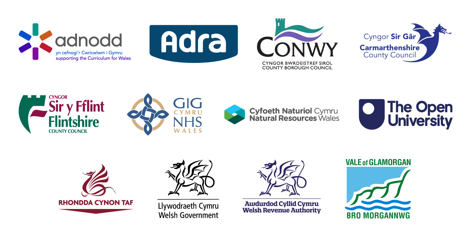 logos of Carmarthen, the Vale of Glamorgan, Gwynedd, Flintshire, Conwy and RCT councils, Digital Health and Care Wales, Betsi Cadwaladr University Health Board, Public Health Wales, Welsh Government, Housing Association Adra, Natural Resources Wales, Adnodd, the Welsh Revenue Authority and the Open University.